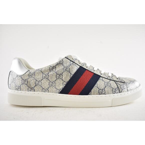 Gucci Ace GG Logo Supreme Canvas Beige Blue Silver Low Top Flat Sneaker G 14 15 - Picture 2 of 16